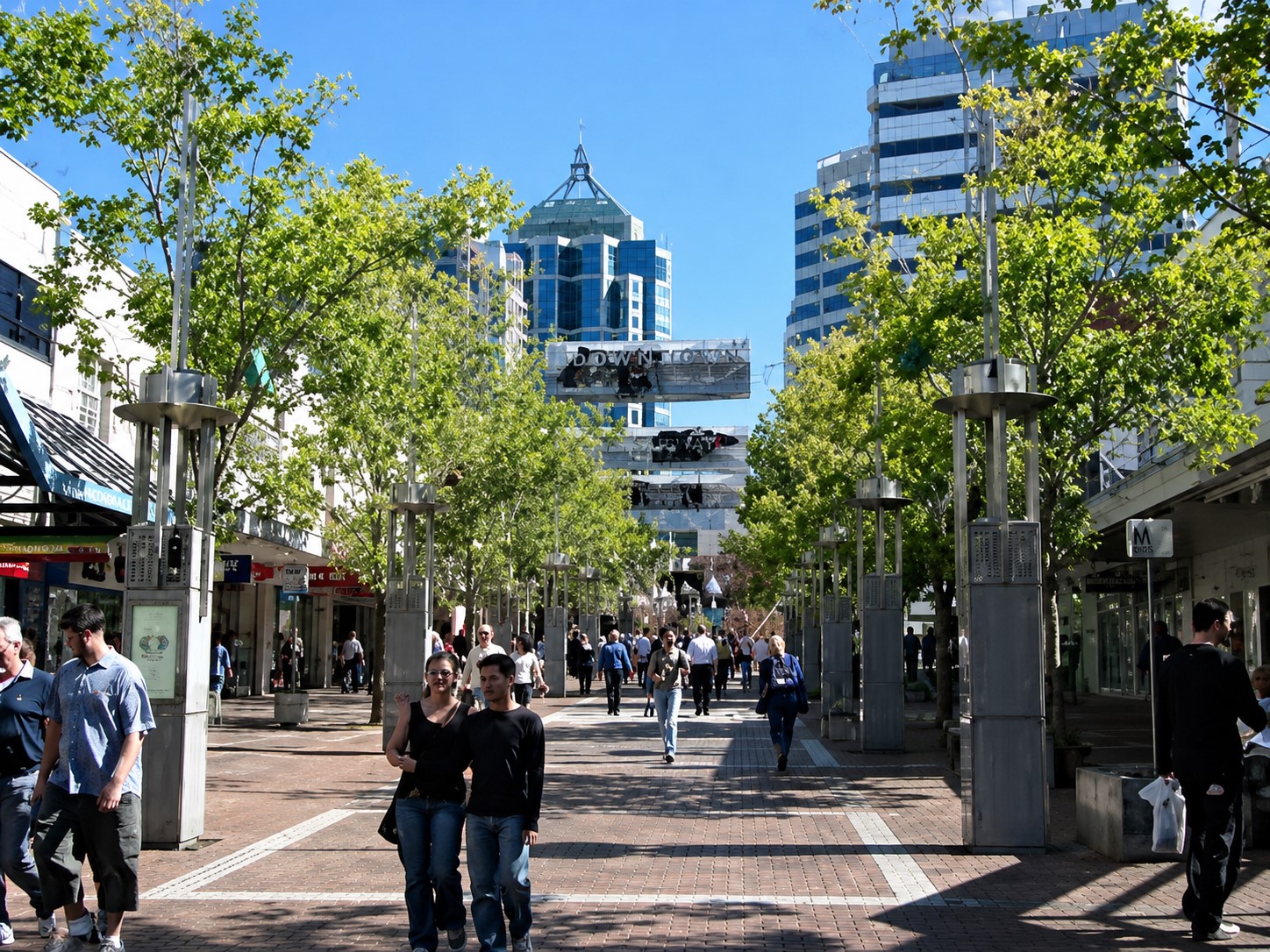 Victoria Avenue, Chatswood — a tree-lined pedestrian mall with shoppers